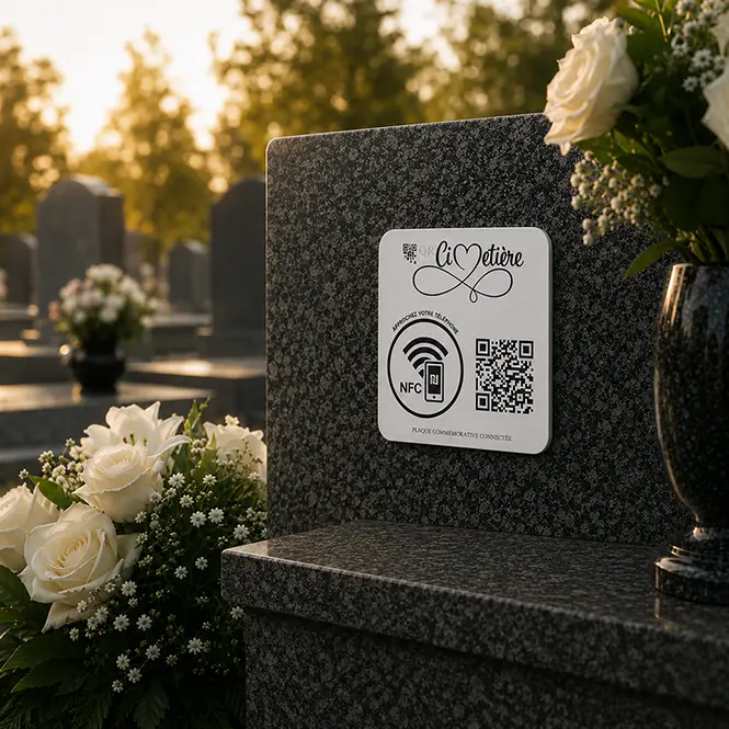 Plaque commémorative discrète avec QR Code posée sur une pierre tombale entourée de fleurs blanches