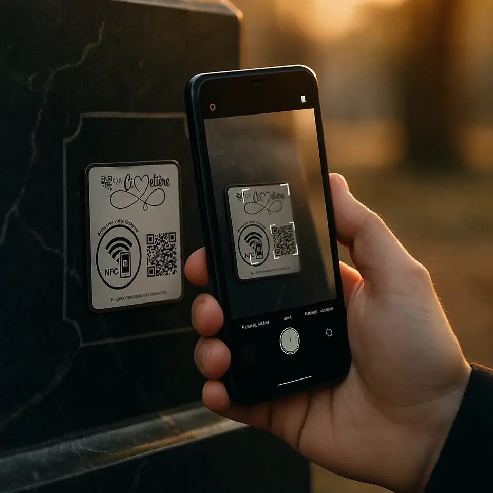 Scan d'un QR Code sur une plaque commémorative avec un smartphone