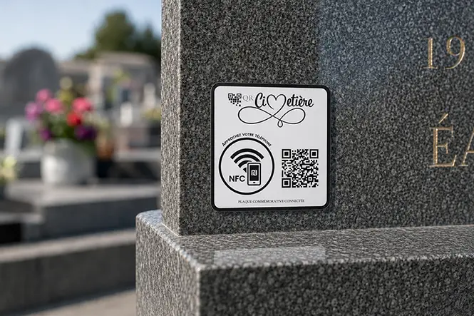 Plaque commémorative QR Cimetière posée sur une pierre tombale, avec QR Code et symbole NFC