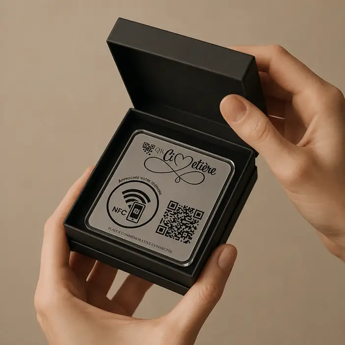 Déballage d'une plaque commémorative QR Cimetière