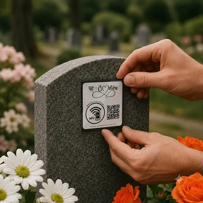 Pose de la plaque commémorative sur une tombe